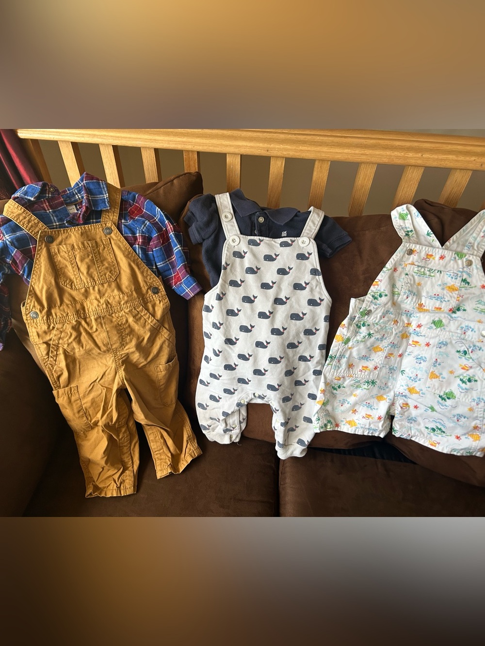 Lot of 3: BabyGap romper, Carter’s flannel shirt/overalls, OshKosh whale set